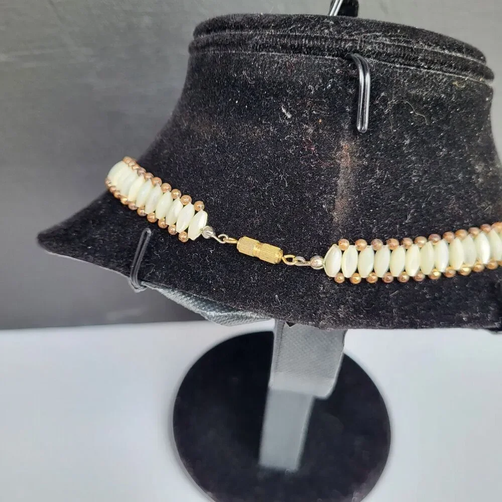 Beaded Woven Tiger's Eye Choker Collar Necklace 17.5 in